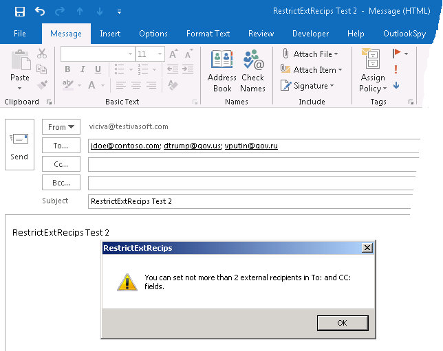 RestrictExtRecips add-in testing Picture 1